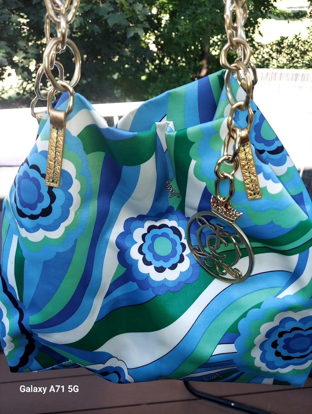 Vtg Y2K Era Juicy Couture Blue Green Satin Floral Chain-Handle Tote GUC! - Picture 16 of 16
